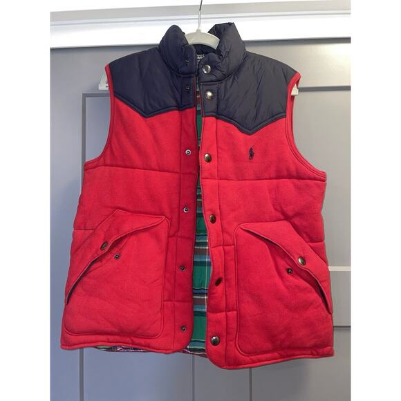 VTG Polo Ralph Lauren Polyester Outer Shell Red & Blue Vest Plaid Lining Horse S - Picture 1 of 7